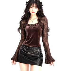 Ravel Brown Lace Ruffled Long Sleeve Top XL Vintage Dark Romantic Whimsigoth